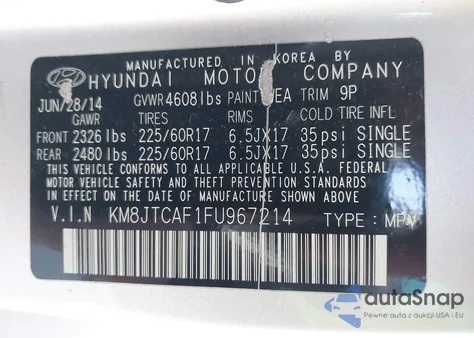 2015 Hyundai Tucson Gls from USA, damaged, VIN KM8JTCAF1FU967214